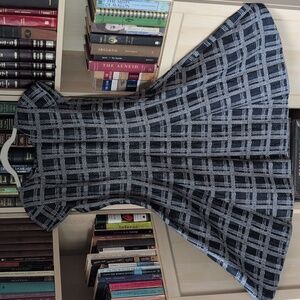 Armani Collezioni Navy Blue Checked Linen & Cotton Flared Dress Size 8